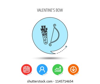 Amour arrows with bow icon. Cupid love symbol. Calendar, User and Business Chart, Download arrow icons. Speech bubbles with flat signs. Vector