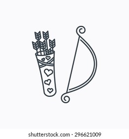 Amour arrows with bow icon. Cupid love symbol. Linear outline icon on white background. Vector