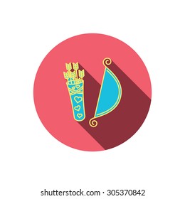 Amour arrows with bow icon. Cupid love symbol. Red flat circle button. Linear icon with shadow. Vector