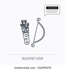 Amour arrows with bow icon. Cupid love symbol. Linear outline icon. Speech bubble of dotted line. Vector