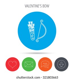 Amour arrows with bow icon. Cupid love symbol. Mail, download and speech bubble buttons. Like symbol. Vector