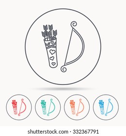 Amour arrows with bow icon. Cupid love symbol. Linear circle icons.