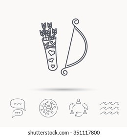 Amour arrows with bow icon. Cupid love symbol. Global connect network, ocean wave and chat dialog icons. Teamwork symbol.