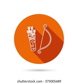 Amour arrows with bow icon. Cupid love symbol. Round orange web button with shadow.