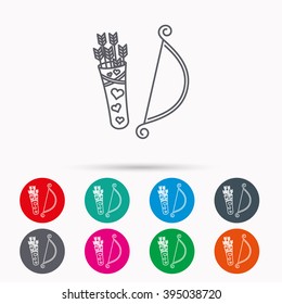 Amour arrows with bow icon. Cupid love symbol. Linear icons in circles on white background.