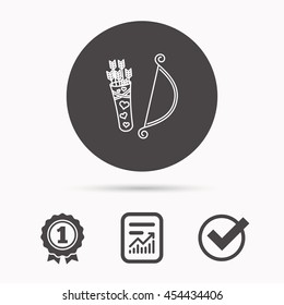 Amour arrows with bow icon. Cupid love symbol. Report document, winner award and tick. Round circle button with icon. Vector