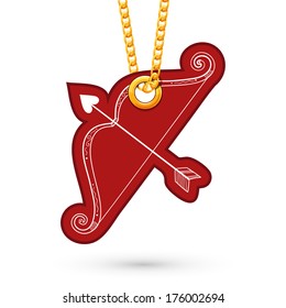 Amour bow. Label tag hanging on golden chain. Red design element isolated on white. Vector illustration