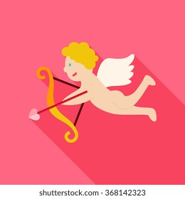 Amour Cupid Boy with Bow and Love Arrow Icon. Flat Design Vector Illustration with Long Shadow. Happy Valentine Day and Love Symbol.