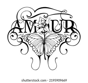 Amour custom script typography design with butterfly and flower illustration