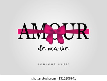 Amour de Ma Vie (Love of My Life in French) Text with Purple Ribbon