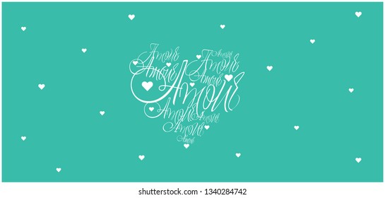 AMOUR - hand drawn calligraphy, mean love, written in french, on turquoise background. Flat vector illustration for Valentine`s Day cards, invitations, greetings, wedding design and decoration, web. 