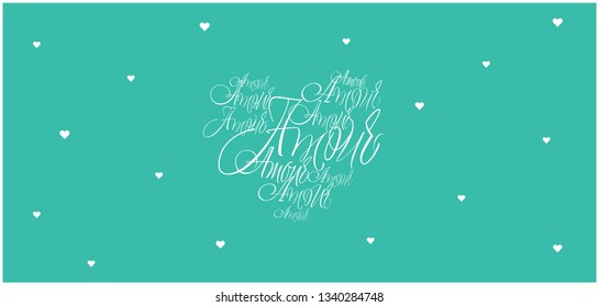 AMOUR - hand drawn calligraphy, mean love, written in french, on turquoise background. Flat vector illustration for wedding design and decoration, Valentine`s Day cards, greetings, invitations, web. 