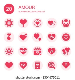 amour icon set. Collection of 20 filled amour icons included Love, Heart, Heart balloon