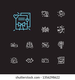 Amour icons set. Bow with arrow and amour icons with rose, key to heart and wedding invitation. Set of entry for web app logo UI design.