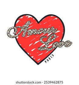 Amor Amor París piel animal leopardo rojo corazón pincel, Diseño gráfico impresión camisetas de moda, ilustración, Vector, carteles, tarjetas, pegatinas, taza