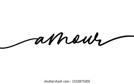 Amour mono line hand drawn lettering. Freehand word isolated vector calligraphy. Love in French cursive inscription. Romantic greeting card, wedding invitation, poster, banner design element