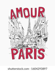 amour paris slogan on a paris street hand sketch illustration, amour is the french word for "love".