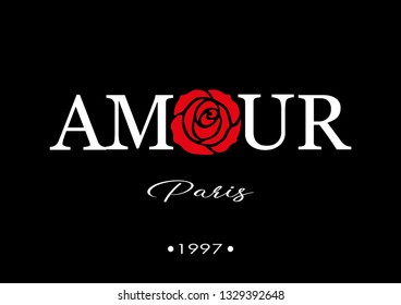 Amour Paris Text with Red Rose Illustration, Fashion and Poster Print Design