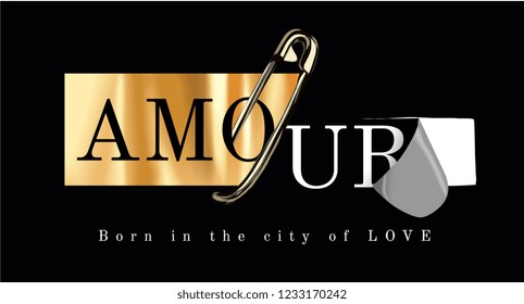 amour slogan on gold foil print and secure pin illustration