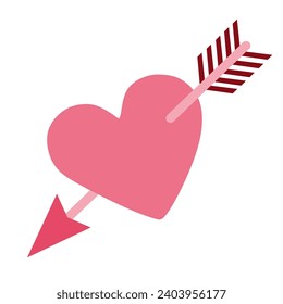Símbolo de amour con corazón y flecha. Ilustración de estilo Vector Flat o Cartoon aislada en blanco. Signo romántico en el día de San Valentín, Rompiendo el corazón. Plantilla para tarjeta, cartel, decoración, paquete de etiquetas.