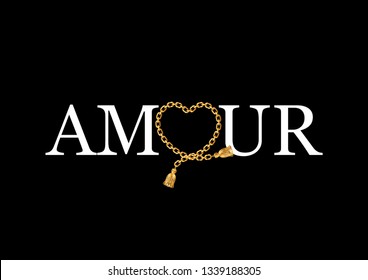 Amour Text with Heart Shaped Golden Chain Vector for Fashion and Poster Prints 