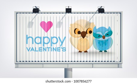 Amourous greeting advertising billboard template with romantic cute owls couple heart and inscription vector illustration