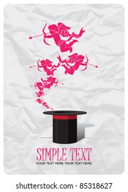Amours taking off from magic hat.Vector illustration, paper-background. Place for your text.