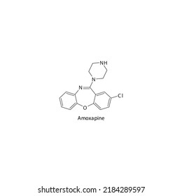 Amoxapin-Molekül flache skelettale Struktur, TeCA - Tetracyclisches Antidepressivum Klasse Arzneimittel zur Behandlung von Depressionen. Vektorgrafik auf weißem Hintergrund.