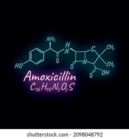 Amoxicillin antibiotic chemical formula and composition, concept structural drug, isolated on black background, neon style vector illustration. Antibacterial medicament biochemical organic product.