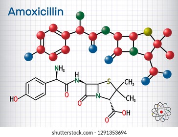 Amoxicillin drug molecule. It is beta-lactam antibiotic. Structural chemical formula and molecule model. Sheet of paper in a cage.Vector illustration

