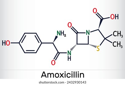 Amoxicillin drug molecule. It is beta-lactam antibiotic. Skeletal chemical formula. Vector illustration