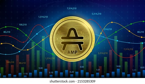 Amp (AMP) coin Cryptocurrency blockchain. Future digital currency replacement technology alternative currency, Silver golden stock chart number up down is background. 3D Vector illustration.