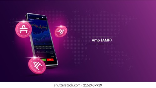 Amp coin and Phone. App for trading crypto currency on the touch screen smartphone. Data analytics stock market. Trends and financial strategy. Mobile banking cryptocurrency. Vector 3d. 