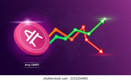 Amp coin purple. Cryptocurrency token symbol with stock market investment trading graph green and red. Coin icon on dark  background. Economic trends business concept. 3D Vector illustration.