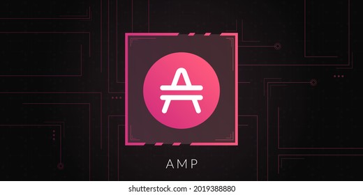 Amp cryptocurrency logo on dark background with circuits decoration.