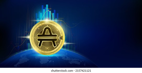 Amp gold coin. Token cryptocurrency future. Blockchain stock market and crypto currencies. Blank screen empty space for advertise text. Banner for news on world map. Vector EPS10.