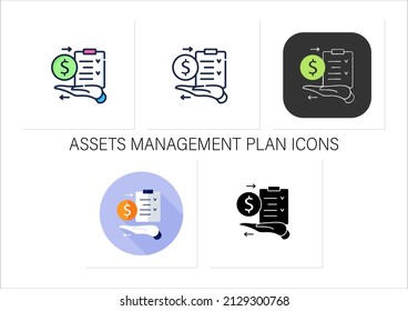 AMP icons set.Assets management plan.Tactical managing plan on hand. Instruction. Business concept. Collection of icons in linear, filled, color styles.Isolated vector illustrations