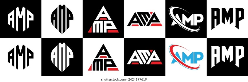 AMP letter logo design in six style. AMP polygon, circle, triangle, hexagon, flat and simple style with black and white color variation letter logo set in one artboard. AMP minimalist and classic logo