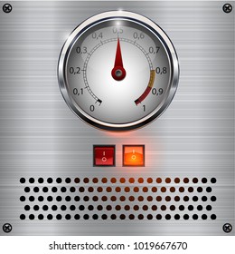 Amp meter. Measuring device. Amp tube scale meter. Vector audio VU meters. Audio equipment. Switcher, Button, Knobs, Lamps. Aluminum dashboard.