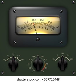  Amp meter. Measuring device. Amp tube scale meter. Vector audio VU meters.  Audio equipment.  Switcher, Button, Knobs, Lamps. 
