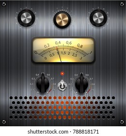 Amp meter. Measuring device. Amp tube scale meter. Vector audio VU meters. Audio equipment. Switcher, Button, Knobs, Lamps. 