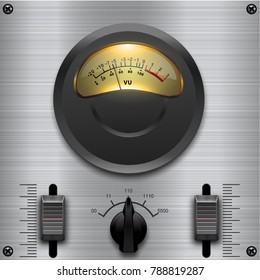 Amp meter. Measuring device. Amp tube scale meter. Vector audio VU meters. Audio equipment. Switcher, Button, Knobs, Lamps. Aluminum dashboard.