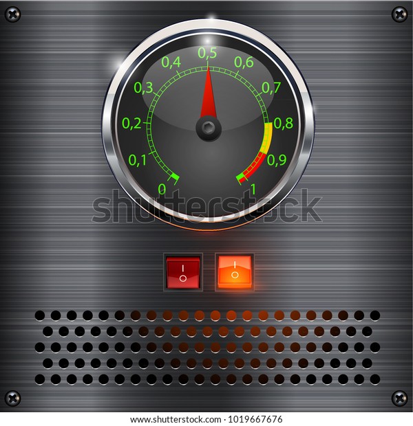 Amp meter. Measuring device. Amp\
tube scale meter. Vector audio VU meters. Audio equipment.\
Switcher, Button, Knobs, Lamps.Black brushed metal\
dashboard.