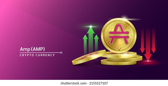 Anuncio de criptodivisa de token de Amp. Futura moneda en el mercado bursátil de blockchain con flechas rojas-verdes arriba y abajo. Monedas de oro cripto monedas. Cartel de noticias de fondo morado. Vector 3D.