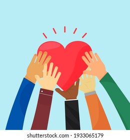Ampathy and charity. Heart holding by different hands. Vector concept love, volunteer, community christian. Social illustration