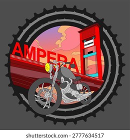 Ampera Bridge Palembang illustration with custom chopper motorcycle in vintage badge design. Iconic landmark of South Sumatra, Indonesia, with retro bobber bike for biker apparel and streetwear tshirt graphic