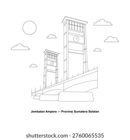 Ampera Bridge Palembang South Sumatra City Landmark Line Art Vector