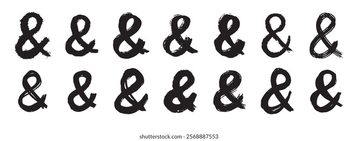 Ampersand bold letter mark ink brush grunge style set. Ampersand punctuation mark for lettering, social media, logo. Hand drawn icons isolated on white background. Vector illustration