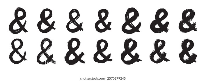 Ampersand bold letter mark ink brush grunge style set. Ampersand punctuation mark for lettering, social media, logo. Hand drawn icons isolated on white background. Vector illustration