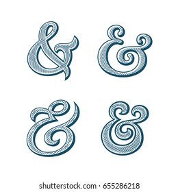 Colección de Ampersand. La decoración se combina con la textura de madera natural. Dibujo vectorial estilizado de impresión Linocut. Elegantes y elegantes ampersands vectoriales personalizados para invitación de boda u otra impresión.